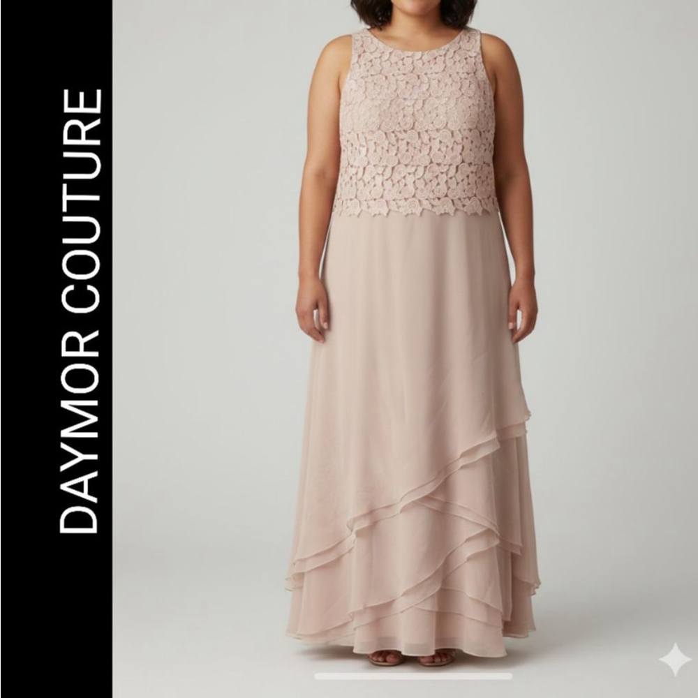 Women's DAYMOR COUTURE Beige Lace Maxi Dress Plus Size 18 asymmetrical chiffon